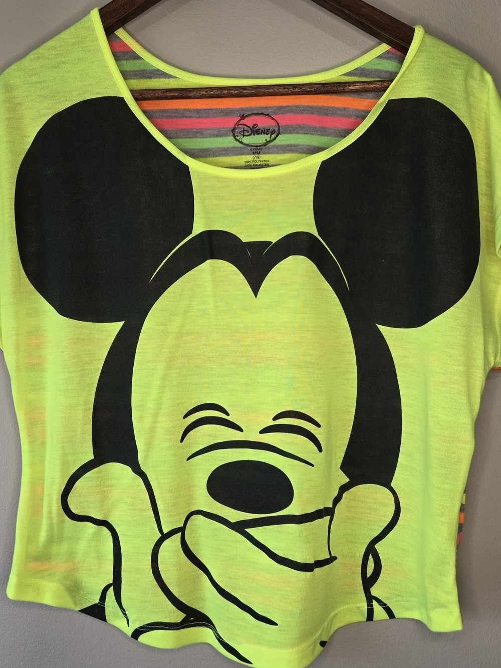 Disney Mickey Mouse Short Sleeve Crop Neon Striped Graphic TShirt M 7/9